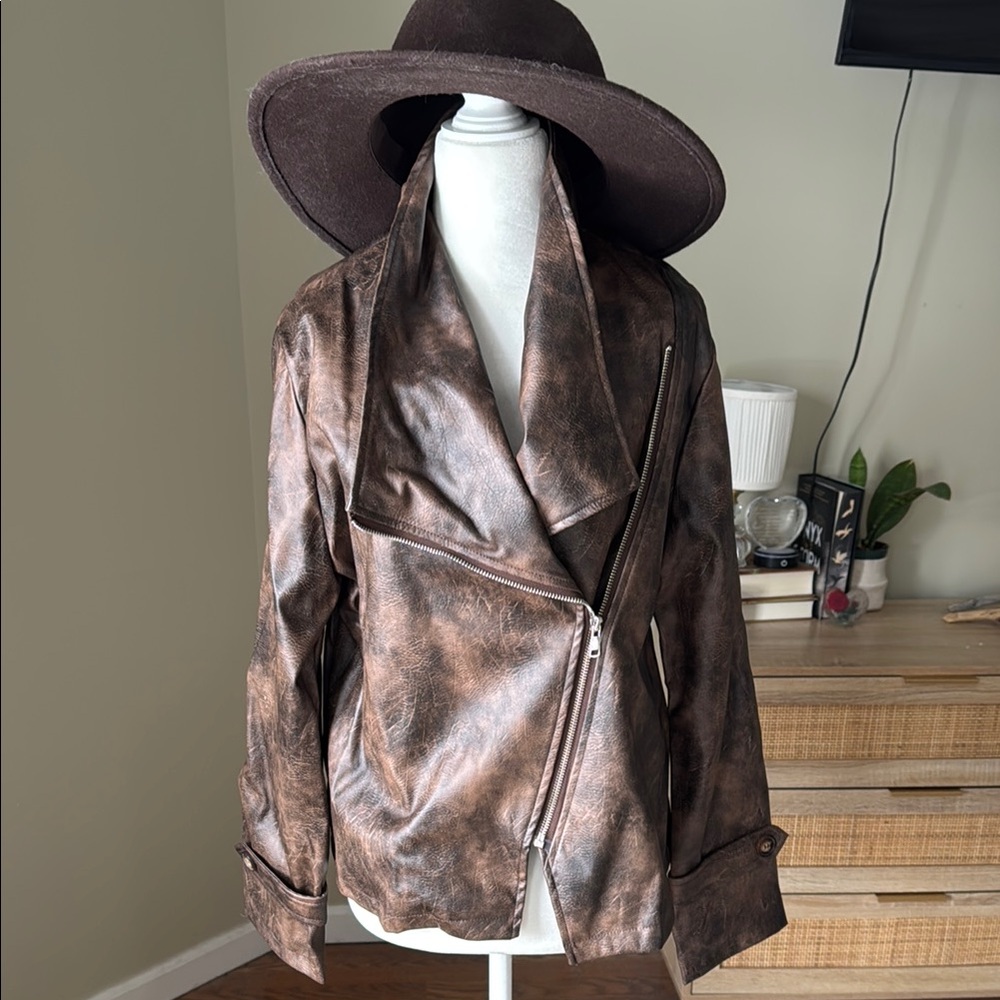 SHEIN Brown Leather Jacket with Distressed Look and Wrap Style